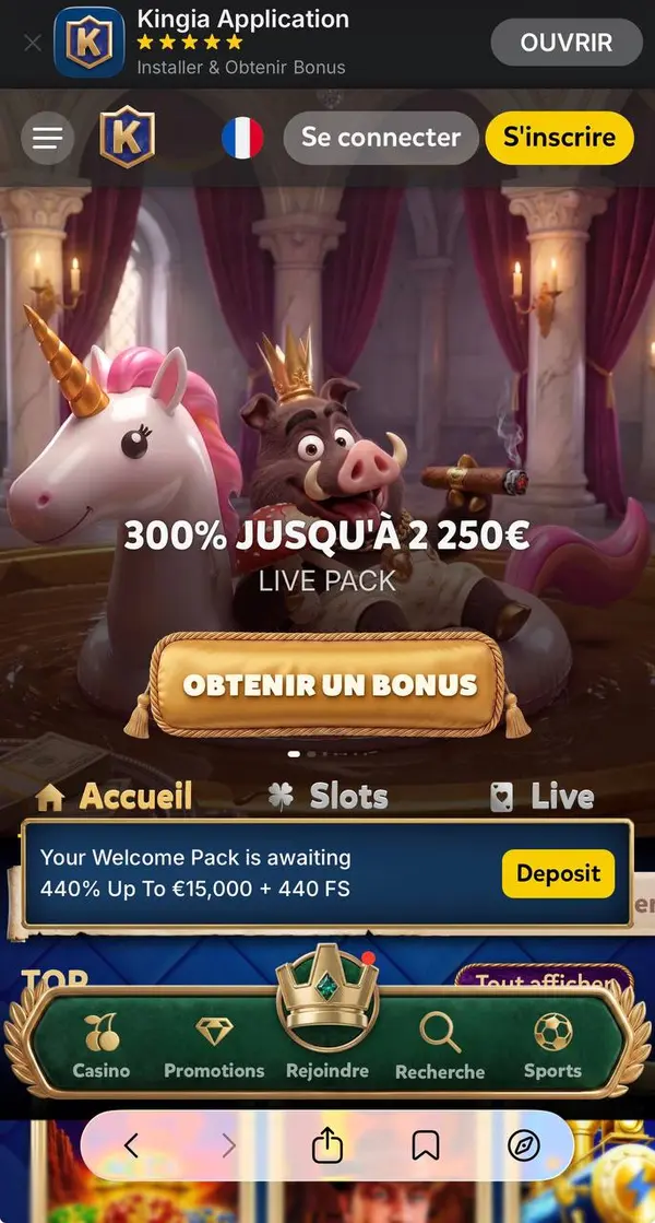 Aperçu de la page d'accueil de Kingia Casino
